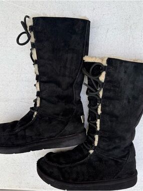 UGG Black Suede Lace-Up Mid-Calf Shearling Boots